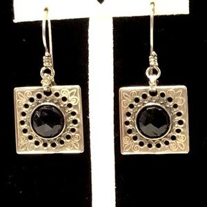 Black Faceted Crystal Earrings Sterling Silver Israel Vintage 1.75”